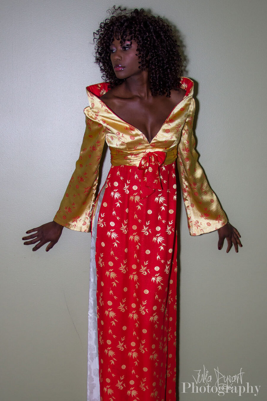Red and gold silk evening gown, runway