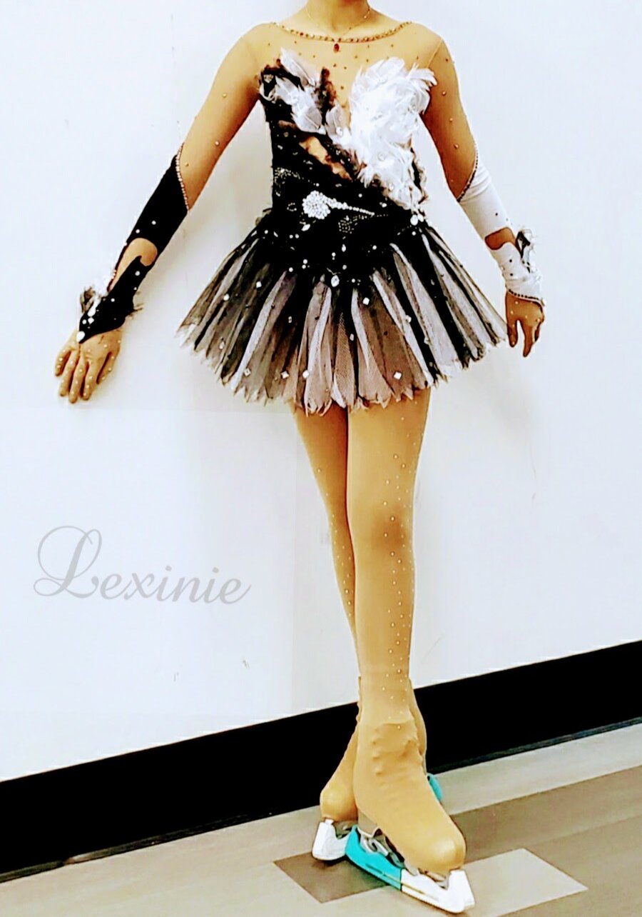 Custom figure skating dress, black and white feathered tutu with rhinestones