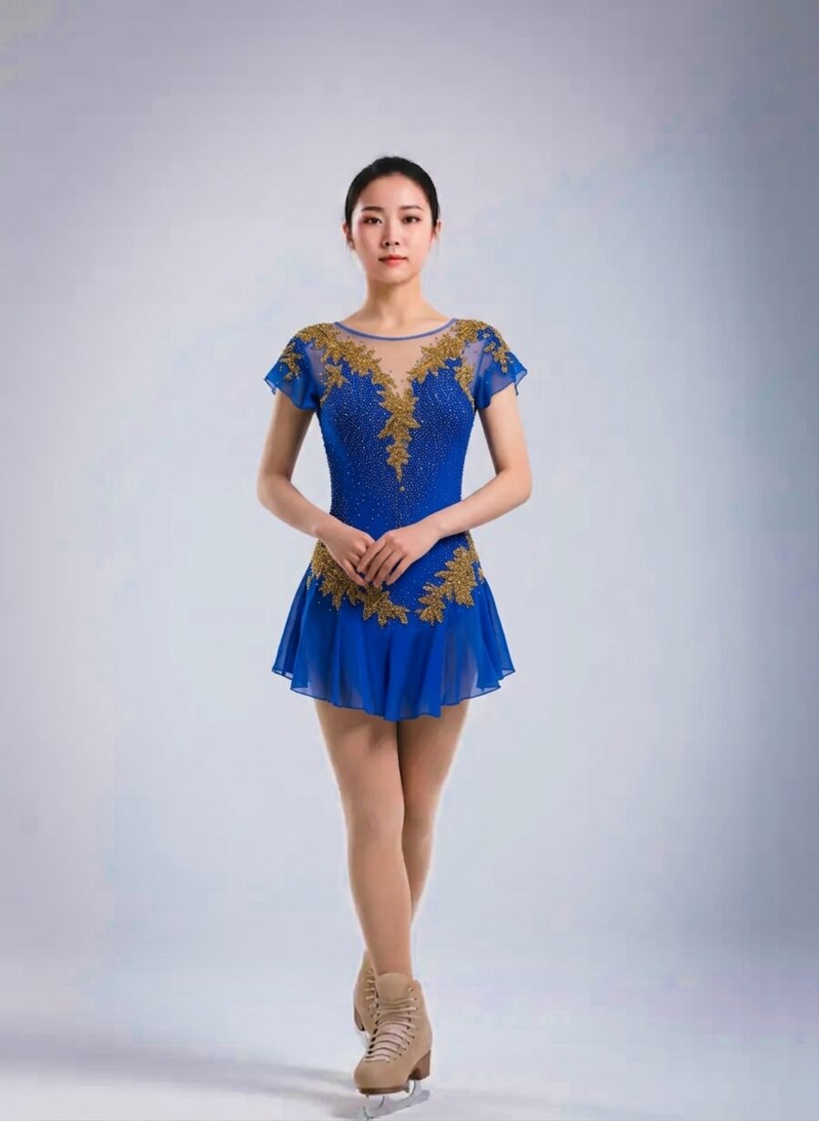Custom figure skating dress, royal blue with gold beading