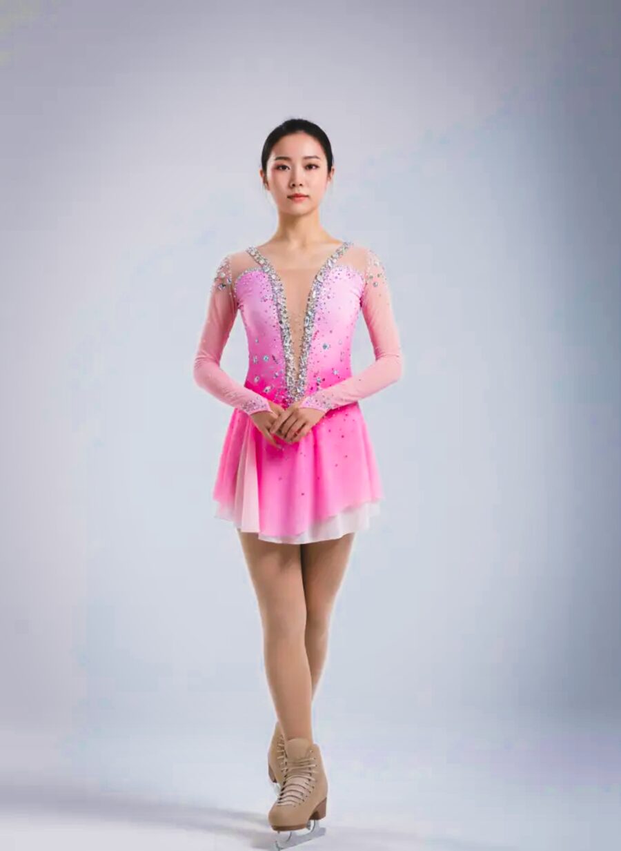Custom figure skating dress, pink ombre rhinestone