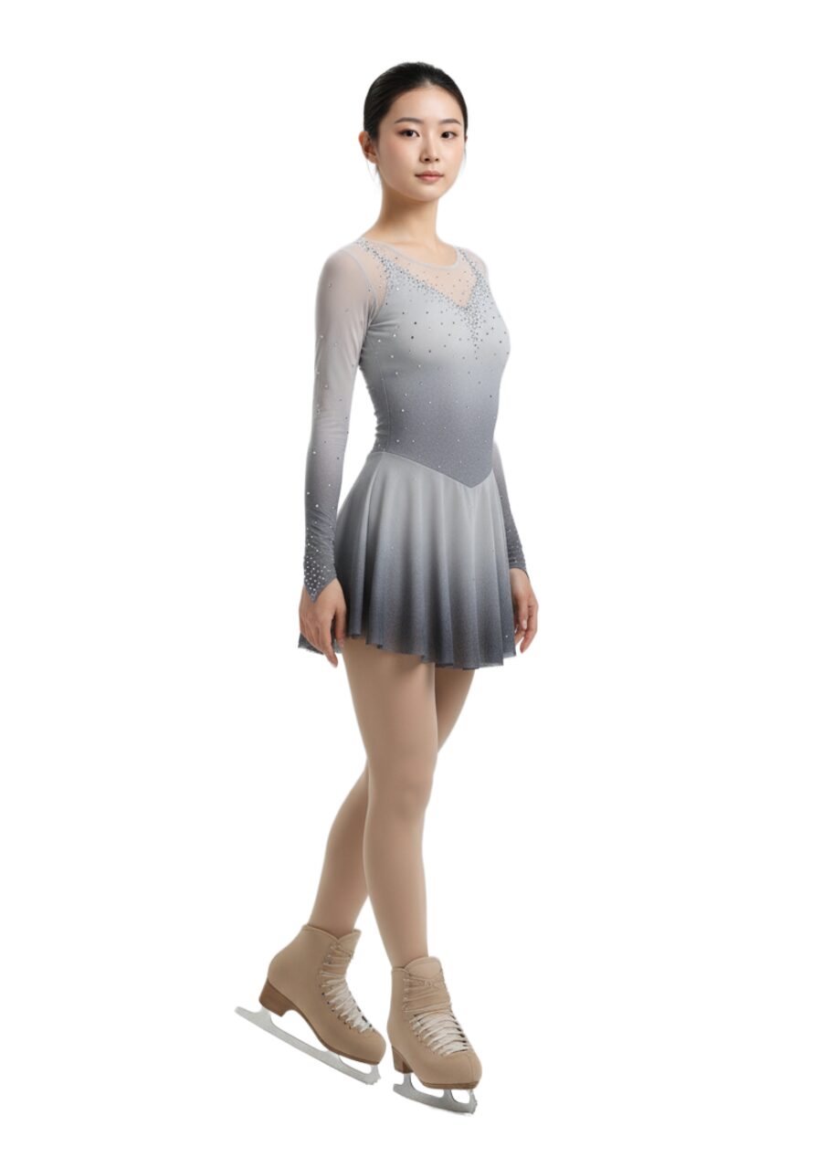 Custom figure skating dress, smoky grey ombre rhinestone