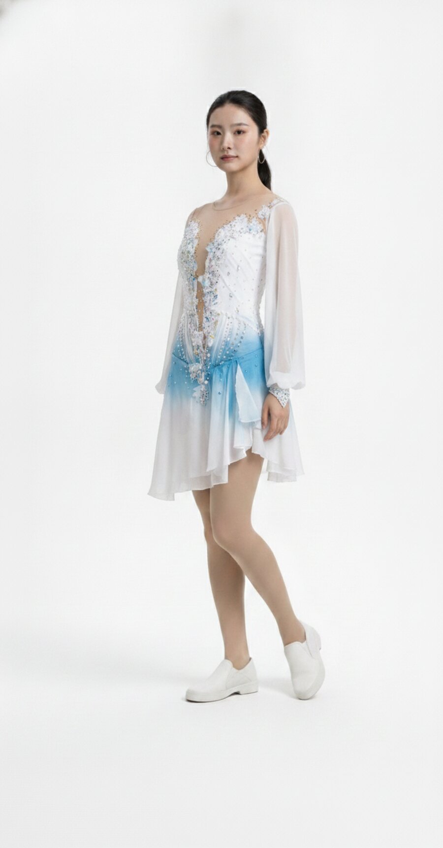 Custom figure skating dress, white to blue ombre with floral crystals